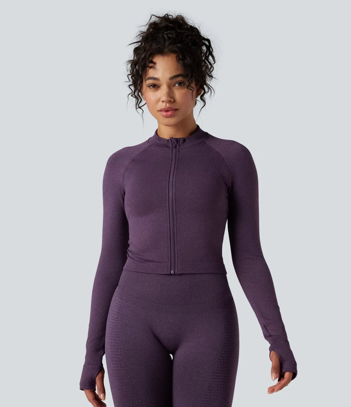 Seamless Flow Stand Collar Long Sleeve Thumb Holes Slim Cropped Yoga Jacket