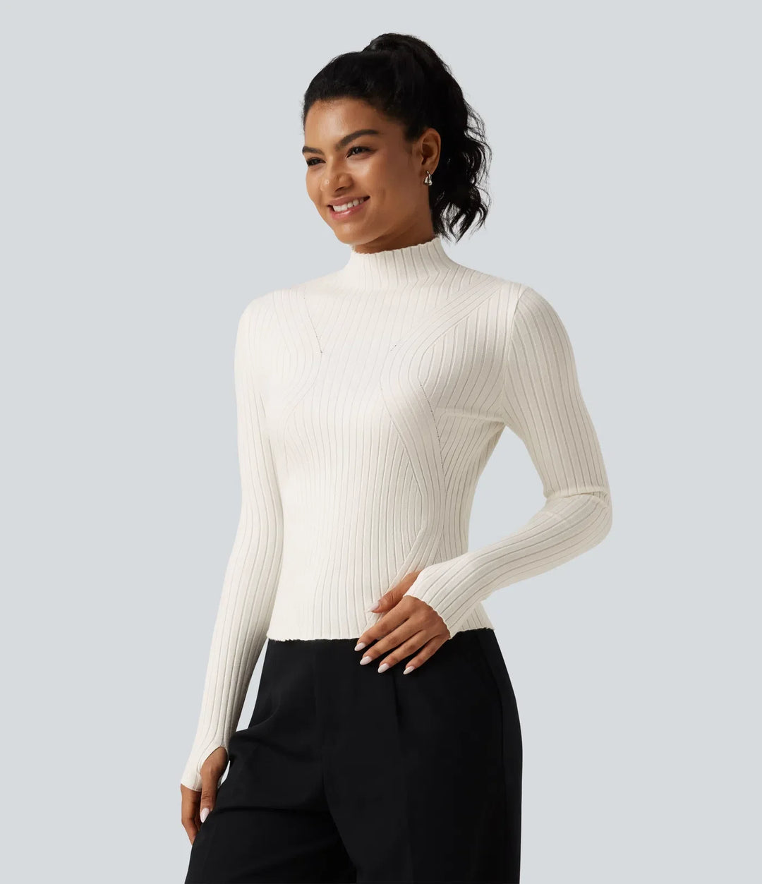 Mock Neck Long Sleeve Slim Work Sweater with Thumbholes
