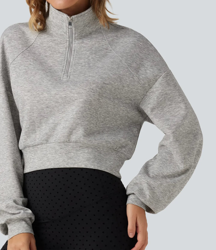 Stand Collar Half-Zip Raglan Long Sleeve Casual Cropped Sweatshirt