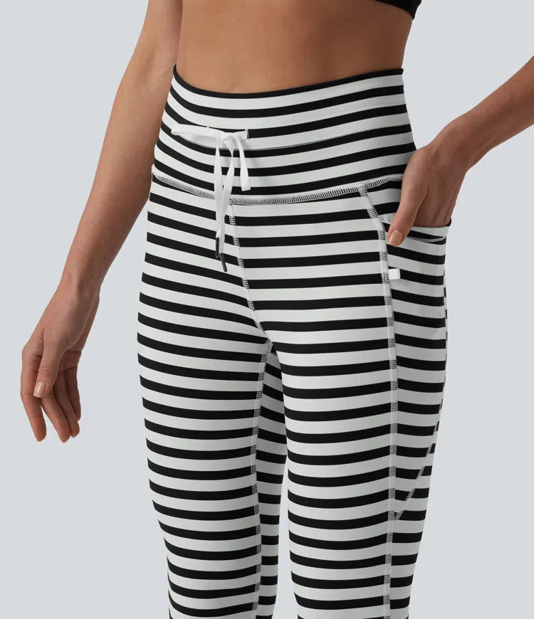 High Waisted Drawstring Stripe Yoga Leggings with Pockets
