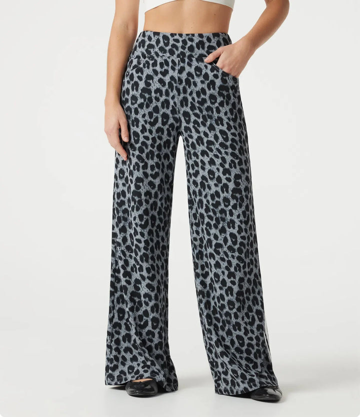 High Waisted Baggy Color Block Leopard Print Waffle Casual Pants with Pockets