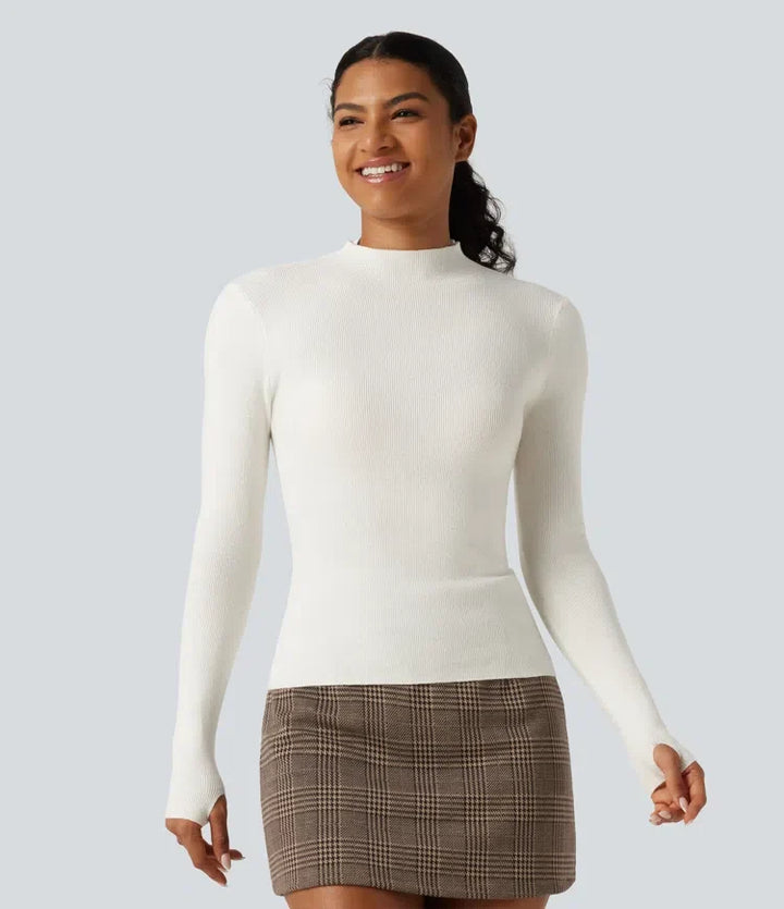 Mock Neck Long Sleeve Thumb Hole Work Wool-Blend Sweater