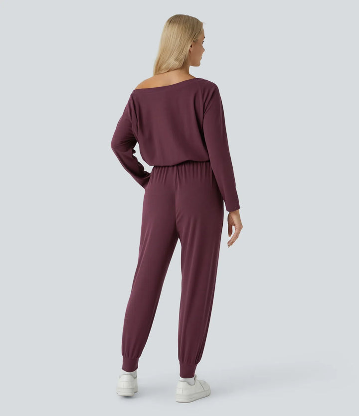 Off Shoulder Long Sleeve Pocket Waffle Casual Jumpsuit