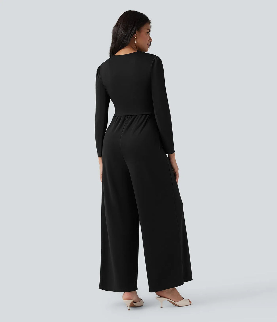 V Neck Long Sleeve Ruched Jumpsuit with Pockets-Easy Peezy Edition