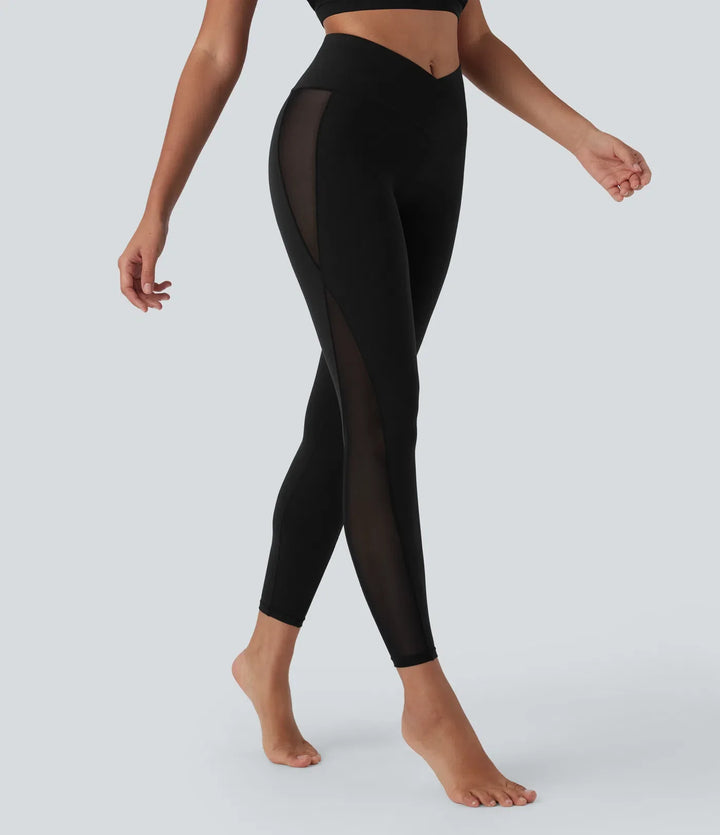 SoftlyZero Crossover High Waisted Contrast Mesh Yoga Leggings with Pocket