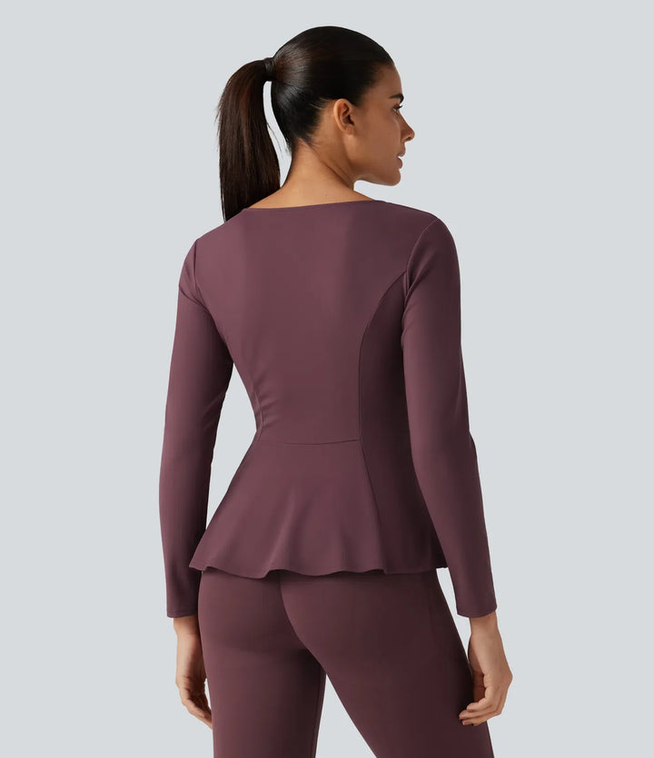 SoftlyZero Plush V Neck Long Sleeve Slim Ruffle Hem Yoga Jacket with Pockets