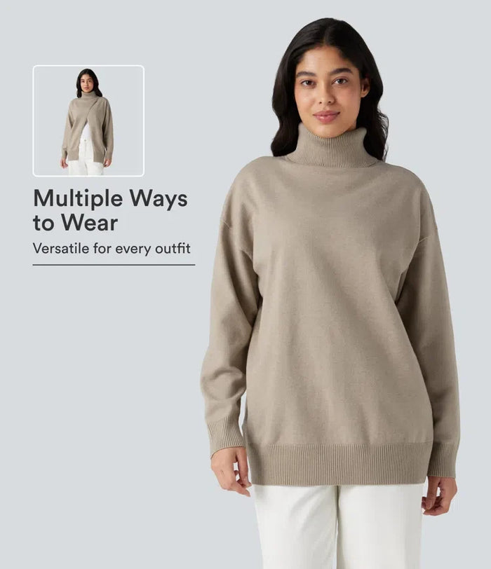 High Neck Long Sleeve Work Sweater-Front and Back Wearable