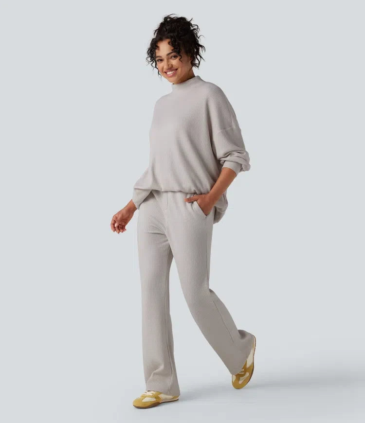 Mock Neck Long Sleeve Relaxed Waffle Casual Sweatshirt with Pockets