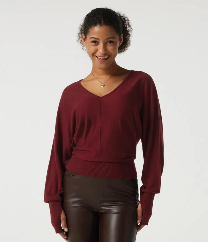 V Neck Batwing Long Sleeve Casual Sweater with Thumbholes