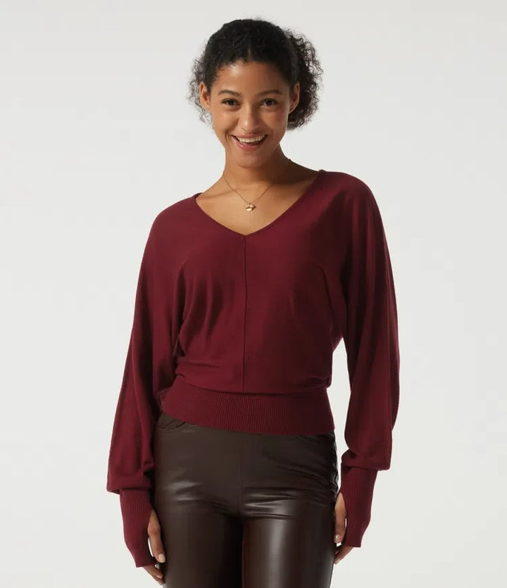 V Neck Batwing Long Sleeve Casual Sweater with Thumbholes