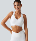 Halara UltraSculpt Low Support V Neck Built-in Bra Racerback Contrast Lace Workout Sports Bra