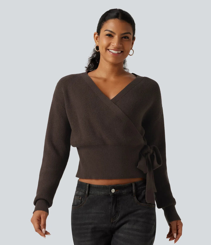 V Neck Long Sleeve Tie Side Work Sweater