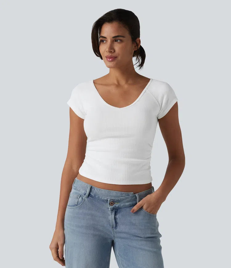 V Neck Short Sleeve Ruched Casual T-Shirt