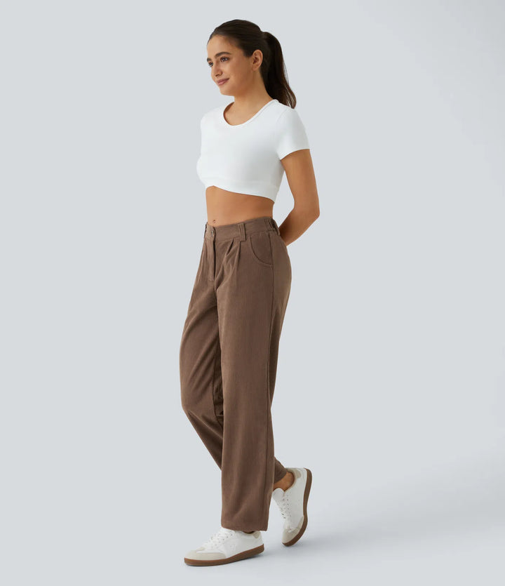 Mid Rise Zipper Pocket Corduroy Casual Pants