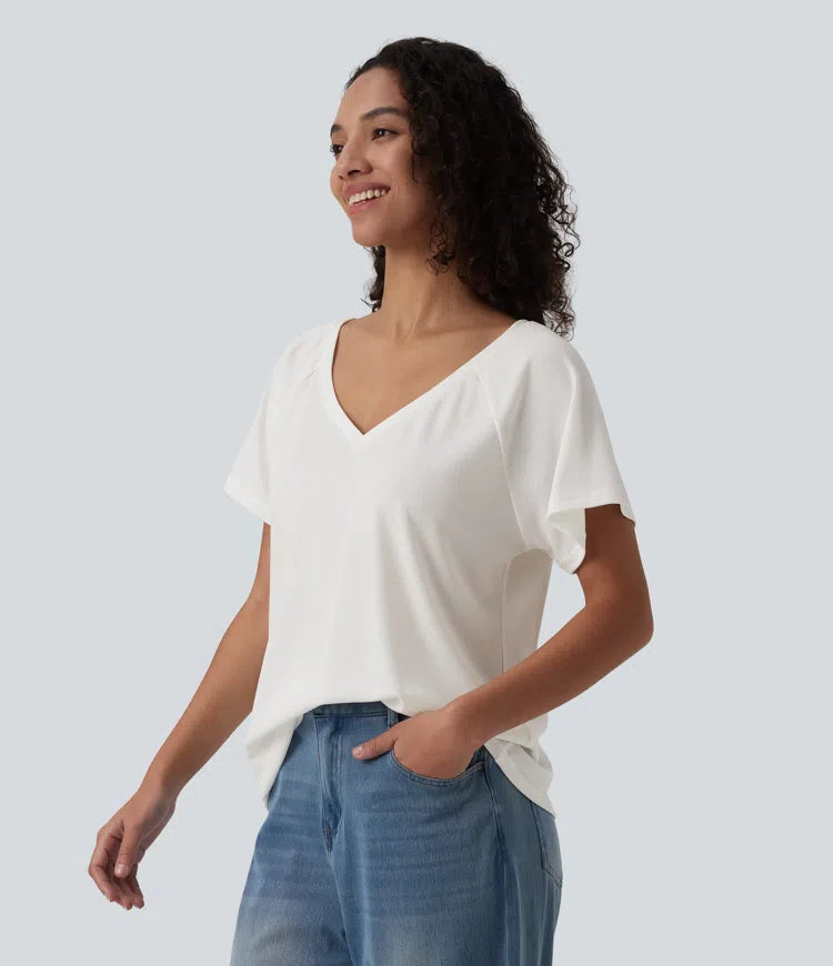 V Neck Raglan Short Sleeve Relaxed Casual T-Shirt