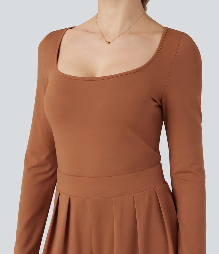 U-Neck Long Sleeve Wide Leg Casual Jumpsuit with Pockets
