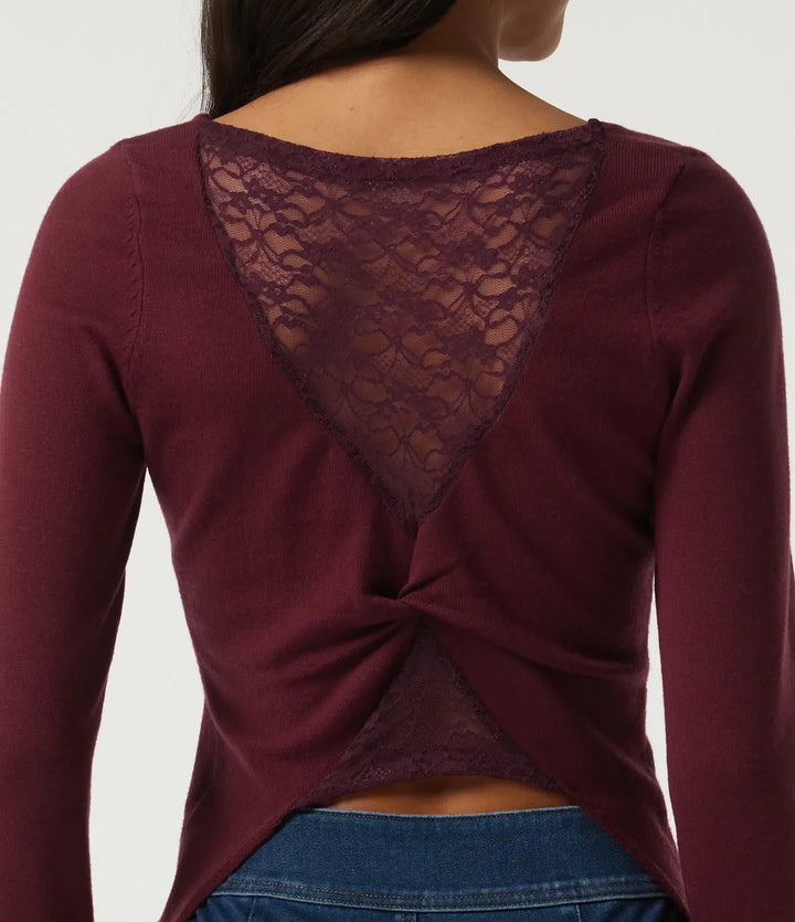 Boat Neck Long Sleeve Contrast Lace Cut Out Back Casual Sweater