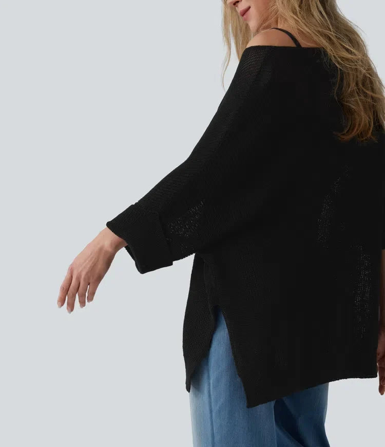 One-shoulder Half Sleeve Split Hem Oversize Casual Sweater with Pocket