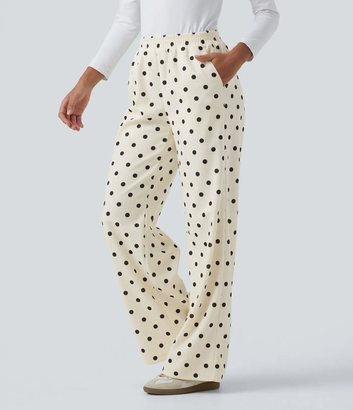 Mid Rise Polka Dot Straight Leg Corduroy Casual Pants with Pockets