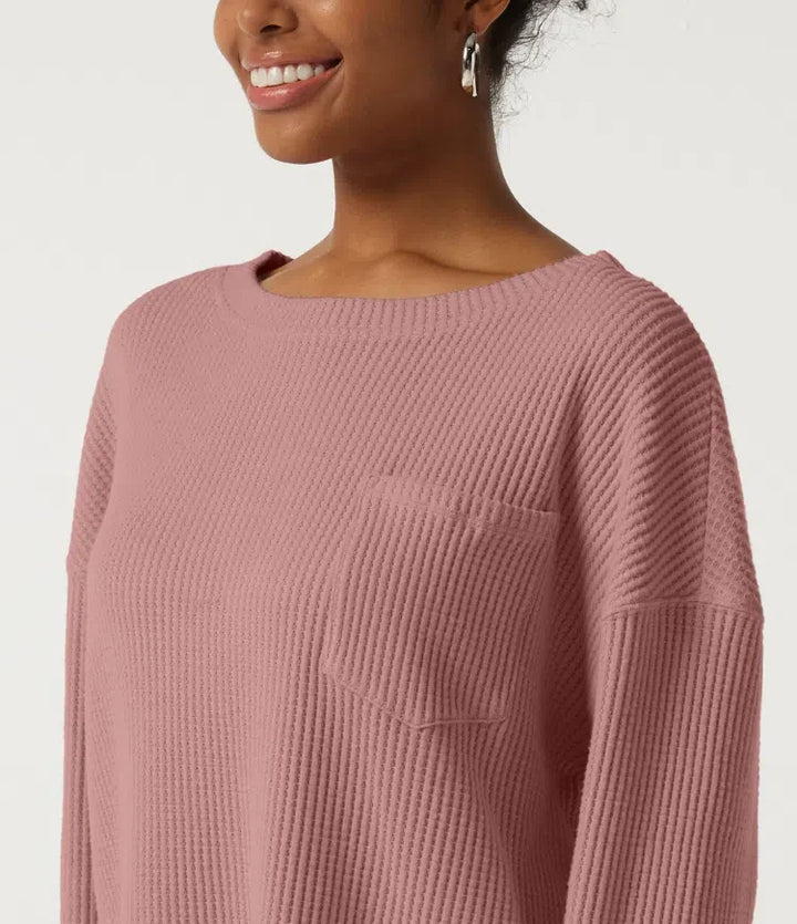 Round Neck Long Sleeve Dropped Waffle Casual Sweatshirt with Pocket