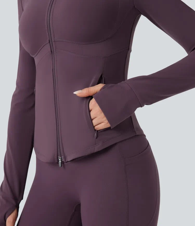 Halara UltraSculpt Mock Neck Push-Up Long Sleeve Thumb Hole Yoga Jacket with Pockets