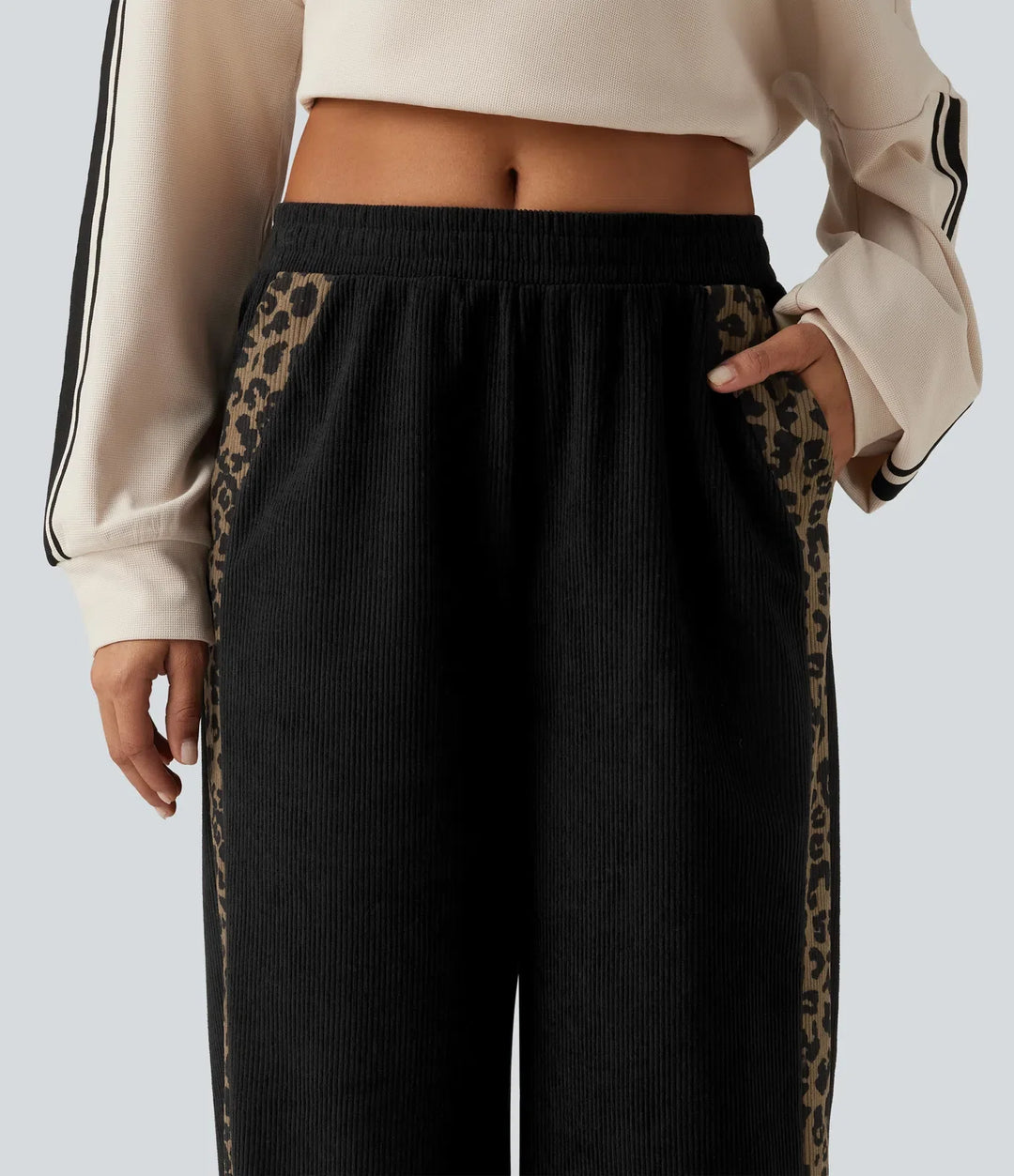 Mid Rise Leopard Print Corduroy Straight Leg Casual Pants with Pockets