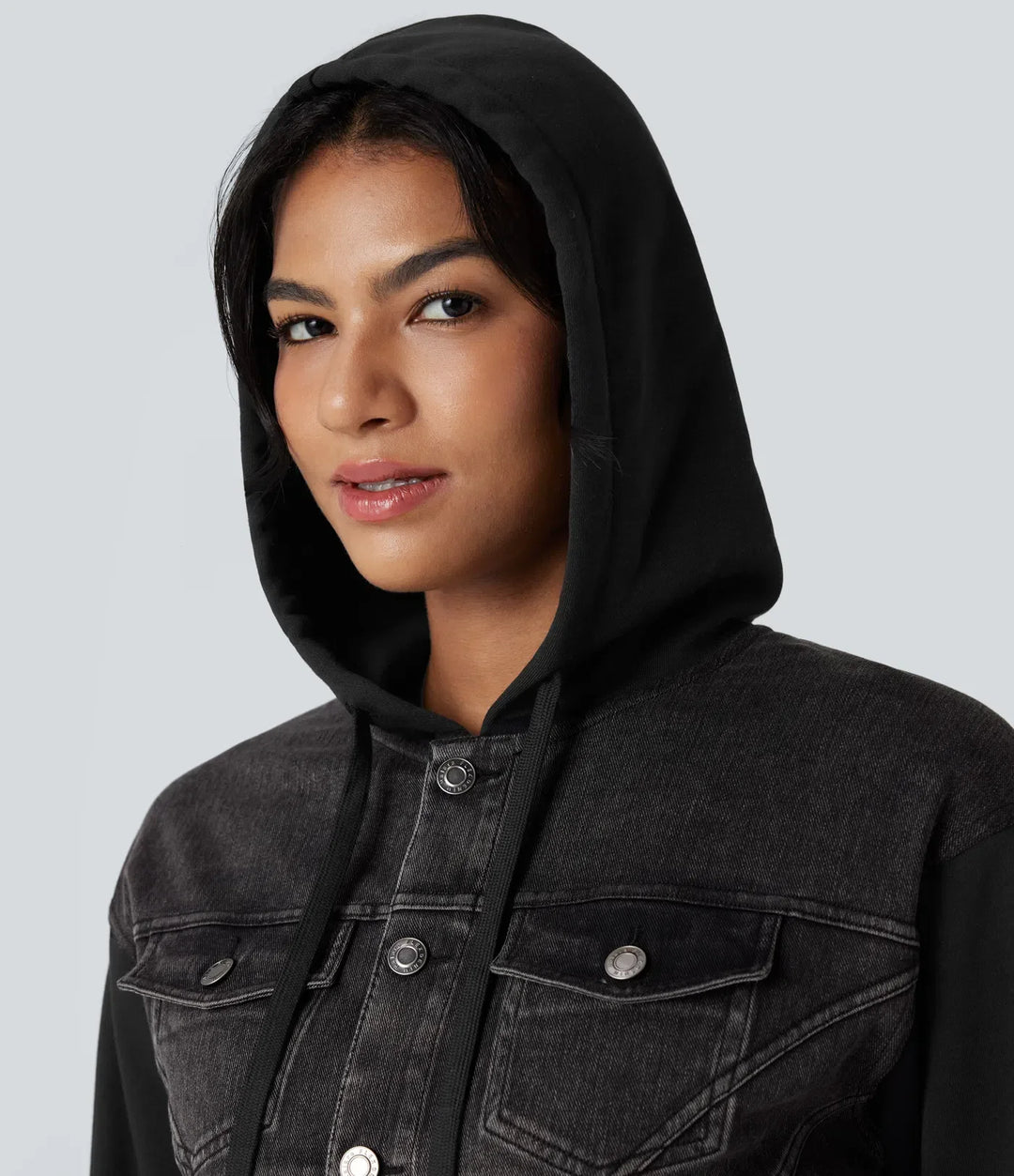 Halara Flex Hooded Drawstring Long Sleeve Patchwork Denim Casual Jacket