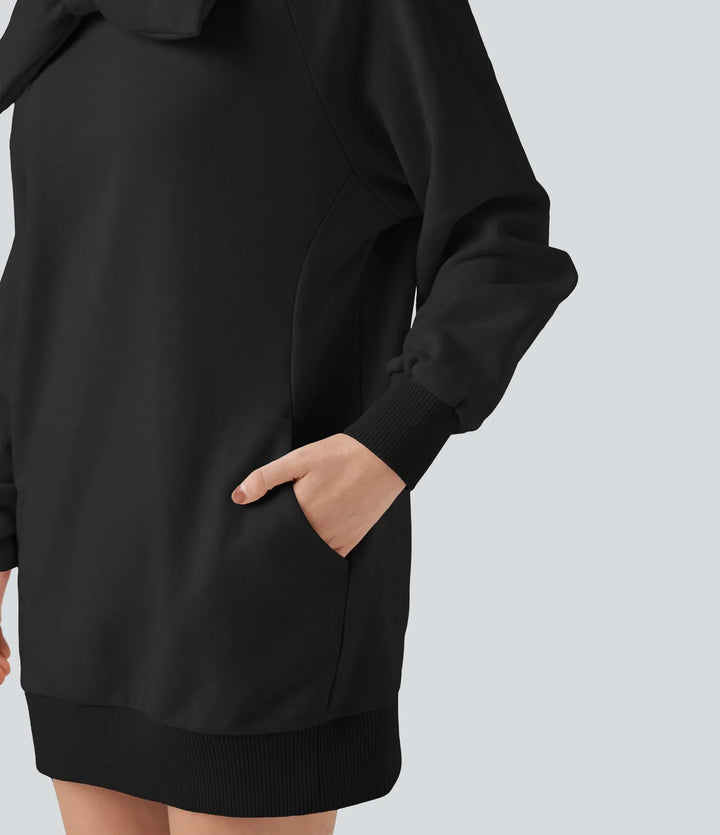 Bow Boat Neck Long Sleeve Casual Cotton Sweatshirt with Pockets