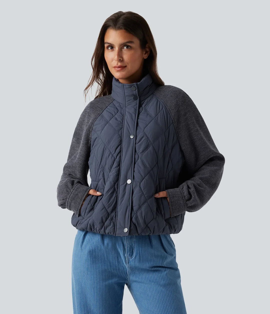 High Neck Long Sleeve Raglan Casual Padded Jacket with Pockets