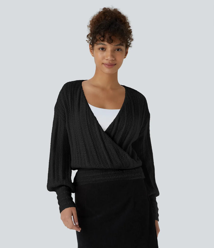 Sheer V Neck Long Sleeve Work Sweater-Front and Back Wearable