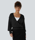 Sheer V Neck Long Sleeve Work Sweater-Front and Back Wearable