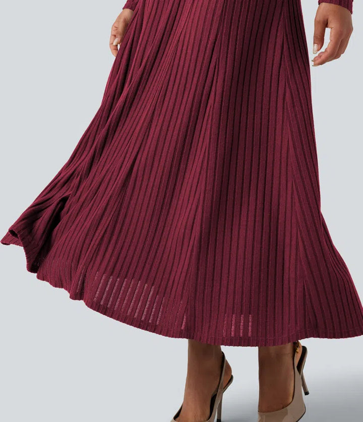 Ribbed Knit Henley Neck Long Sleeve Flowy Maxi Casual Dress