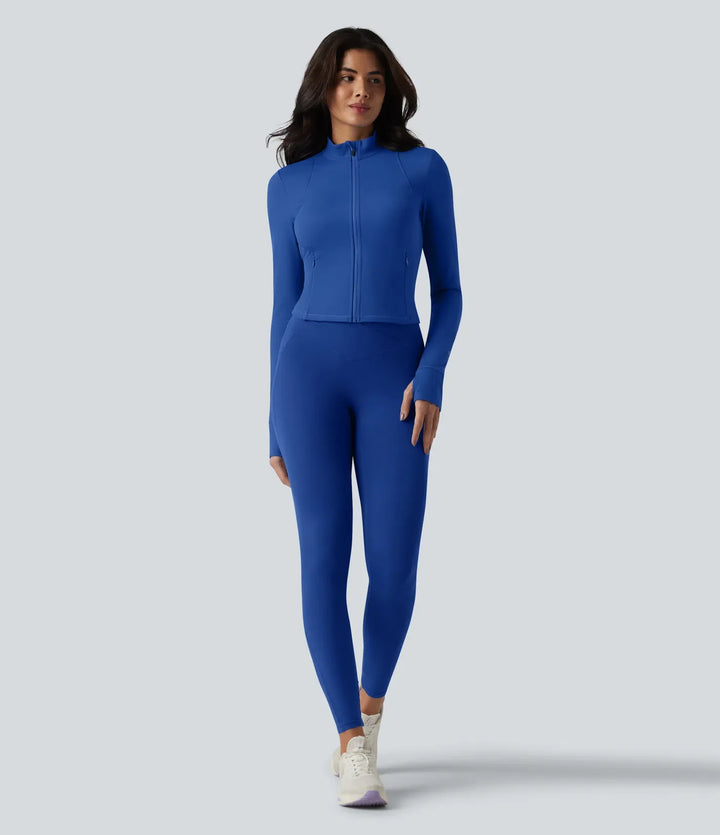 SoftlyZero Plush Stand Collar Long Sleeve Thumb Holes Twisted Back Breathable Mesh Yoga Jacket with Pockets