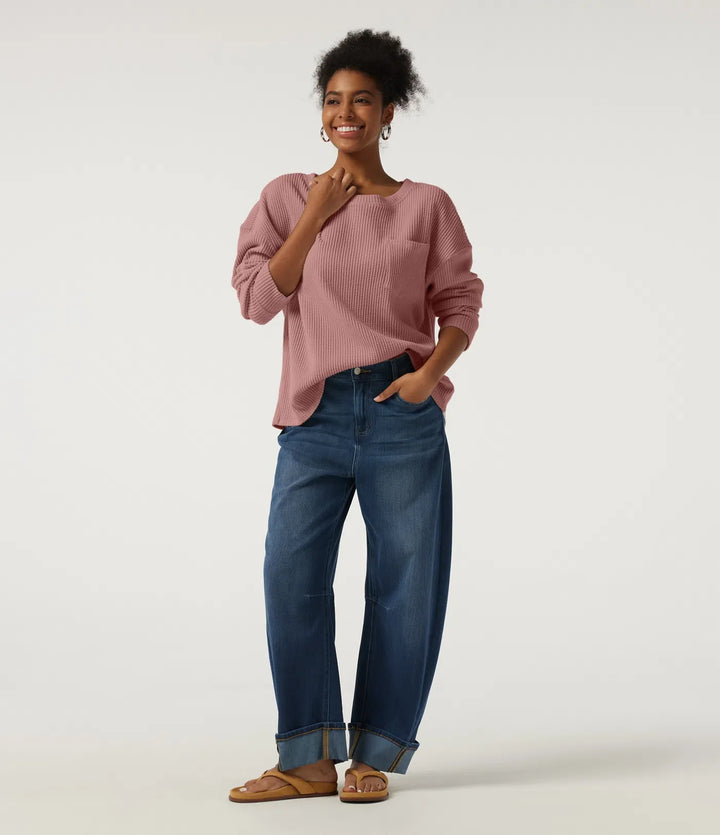 Round Neck Long Sleeve Dropped Waffle Casual Sweatshirt with Pocket