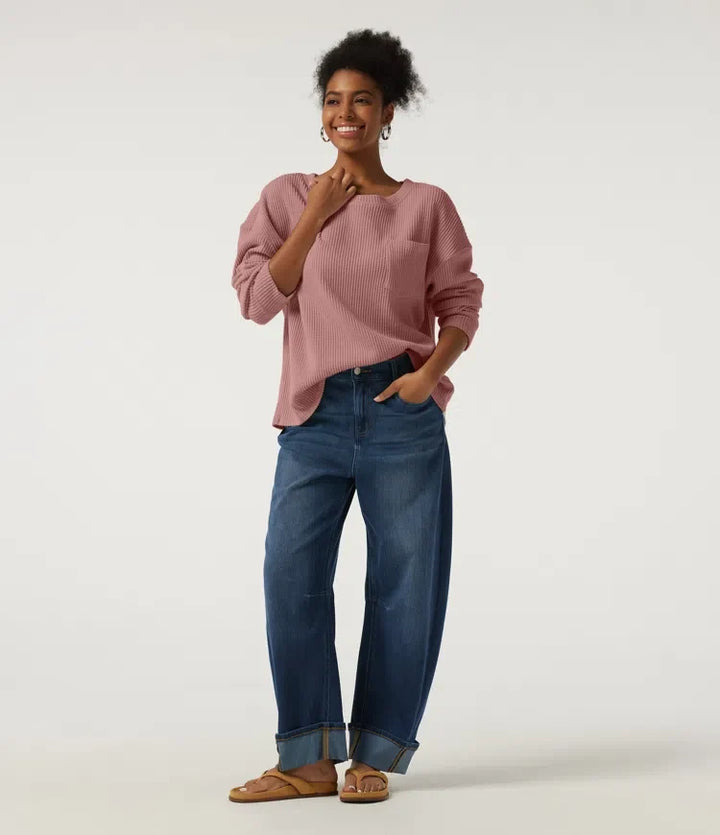 Round Neck Long Sleeve Dropped Waffle Casual Sweatshirt with Pocket