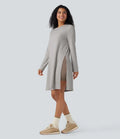 Round Neck Long Sleeve Longline Waffle Knit Casual Sweatshirt