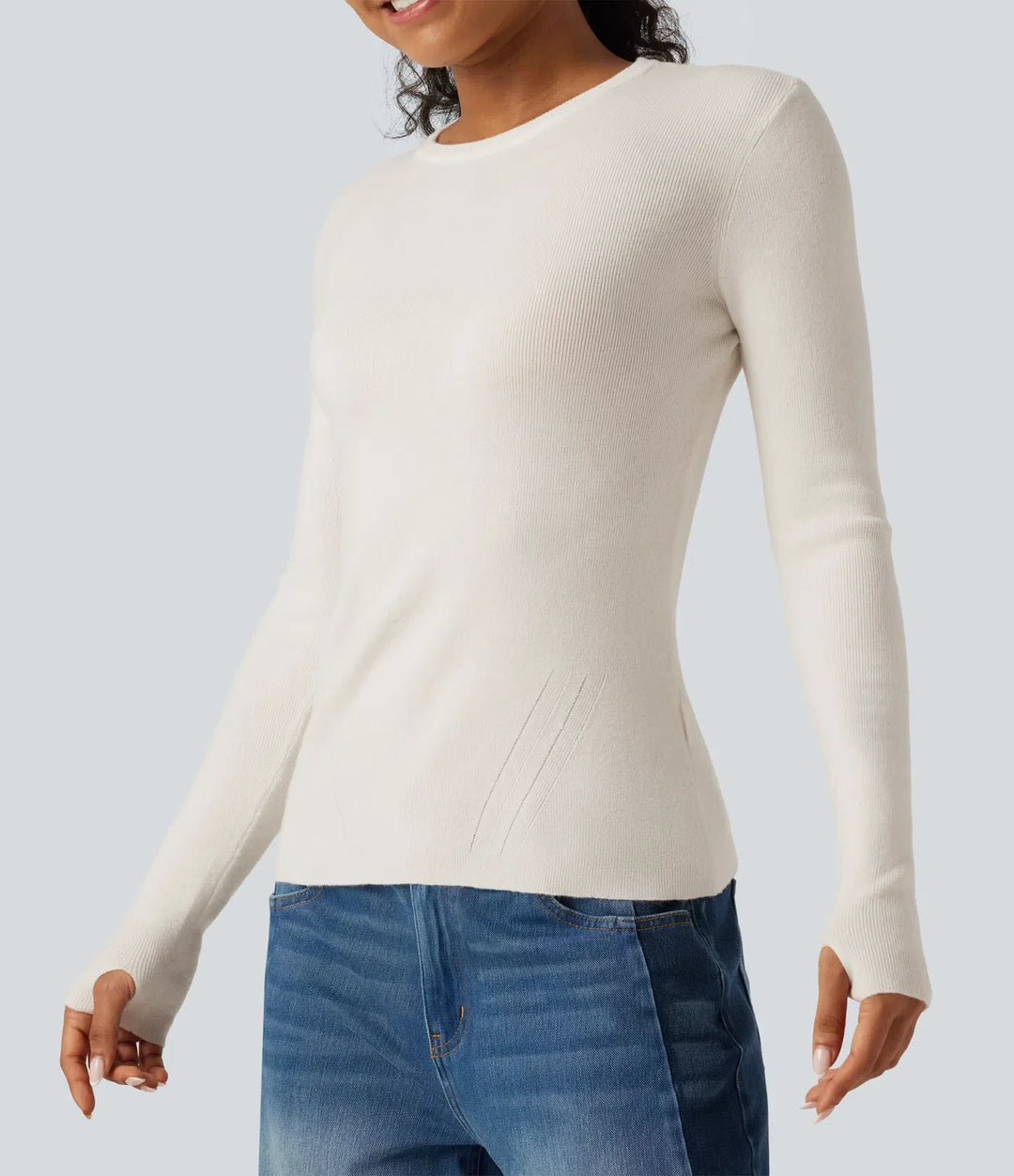 Round Neck Long Sleeve Thumb Hole Slim Work Sweater
