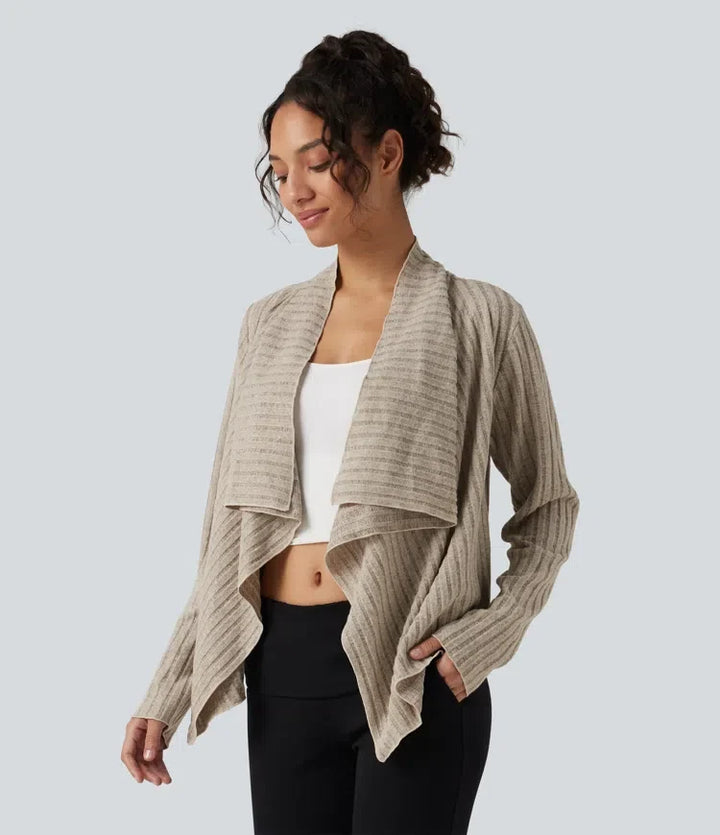 Ribbed Knit Collared Open Front Long Sleeve Casual Cardigan