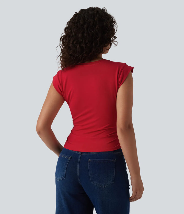 V Neck Cap Sleeve Curved Hem Ruched Casual T-Shirt