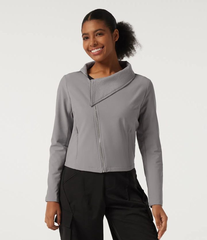 Asymmetric Collar Long Sleeve Casual Jacket with Pockets