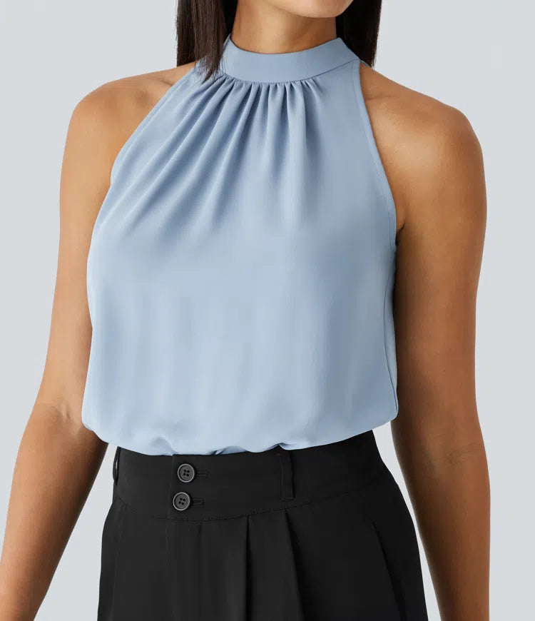 Keyhole Back Halter Sleeveless Curved Hem Work Blouse