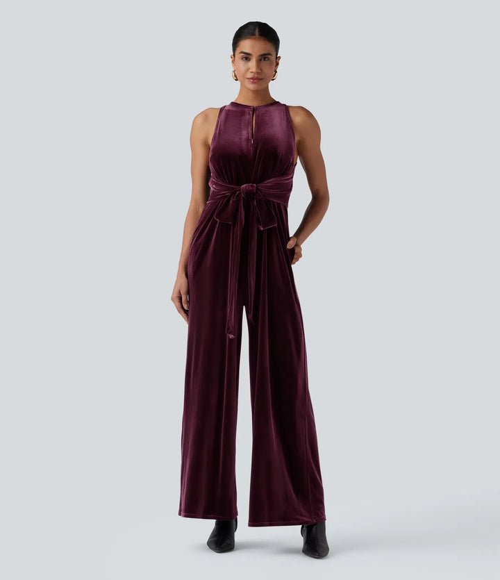 Round Neck Sleeveless Tie Back Velvet Party Jumpsuit with Pockets