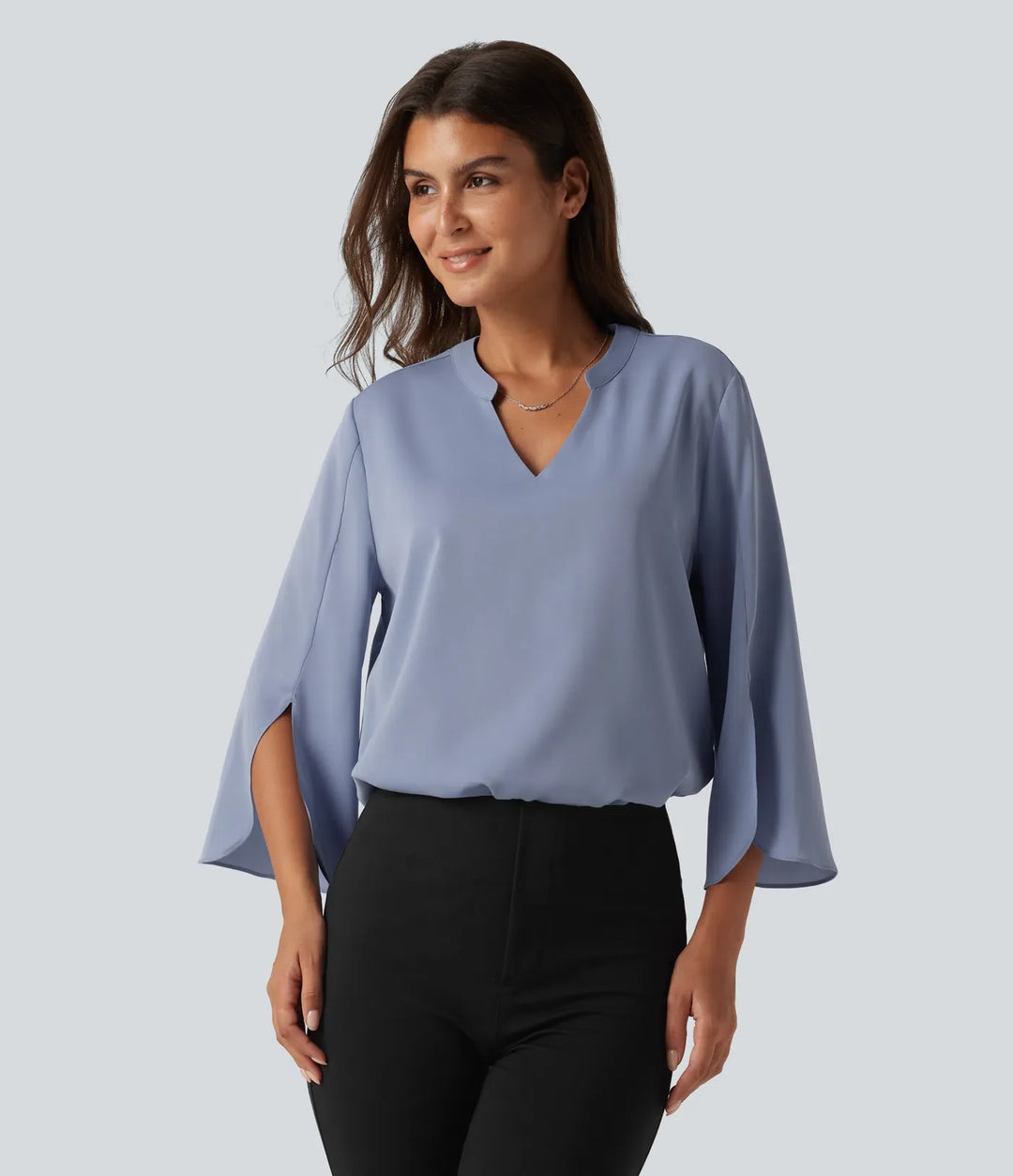V Neck Flounce Long Sleeve Curved Hem Work Blouse
