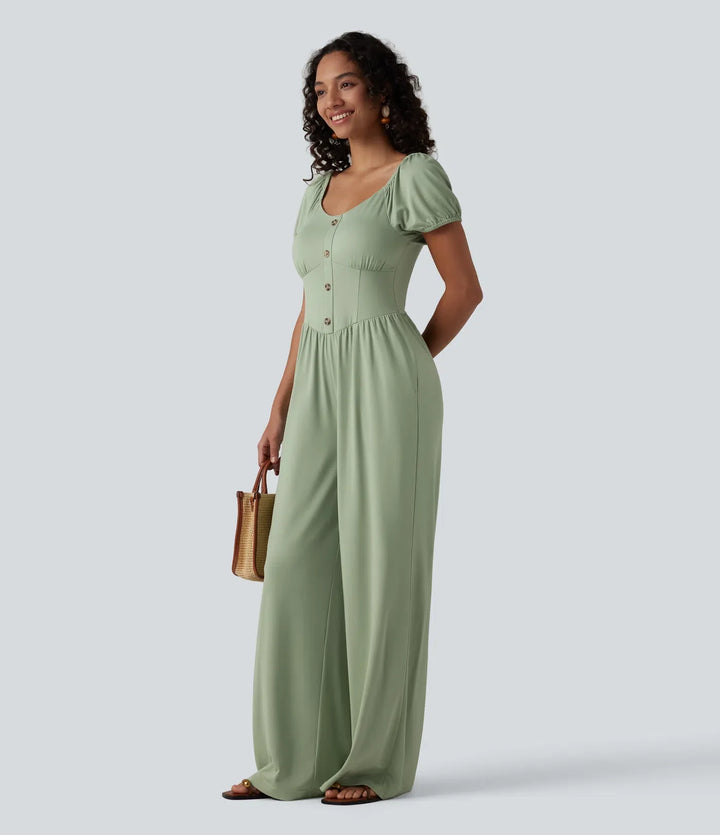 V Neck Puff Short Sleeve Non-Removable Pad Corset Jumpsuit with Pockets