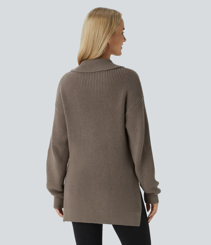 Funnel Neck Half Zip Long Sleeve Casual Sweater