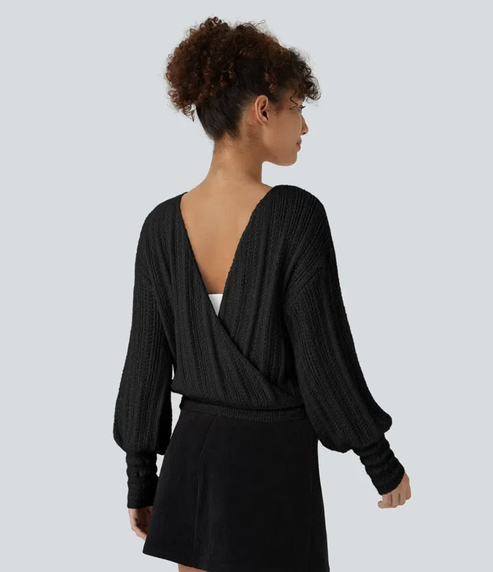 Sheer V Neck Long Sleeve Work Sweater-Front and Back Wearable