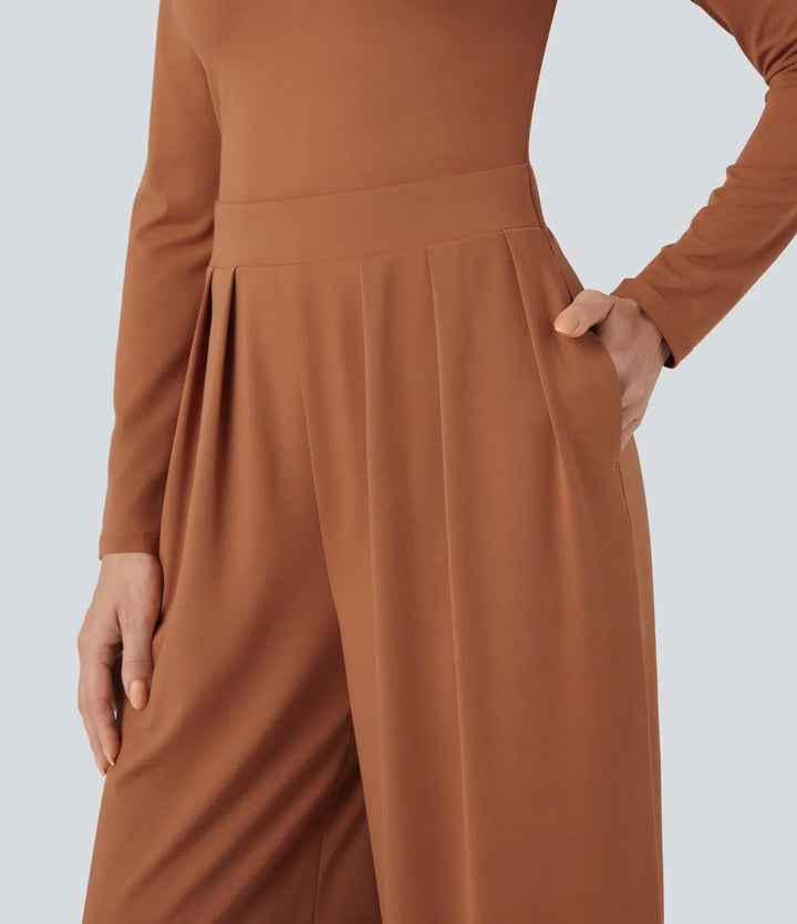 U-Neck Long Sleeve Wide Leg Casual Jumpsuit with Pockets