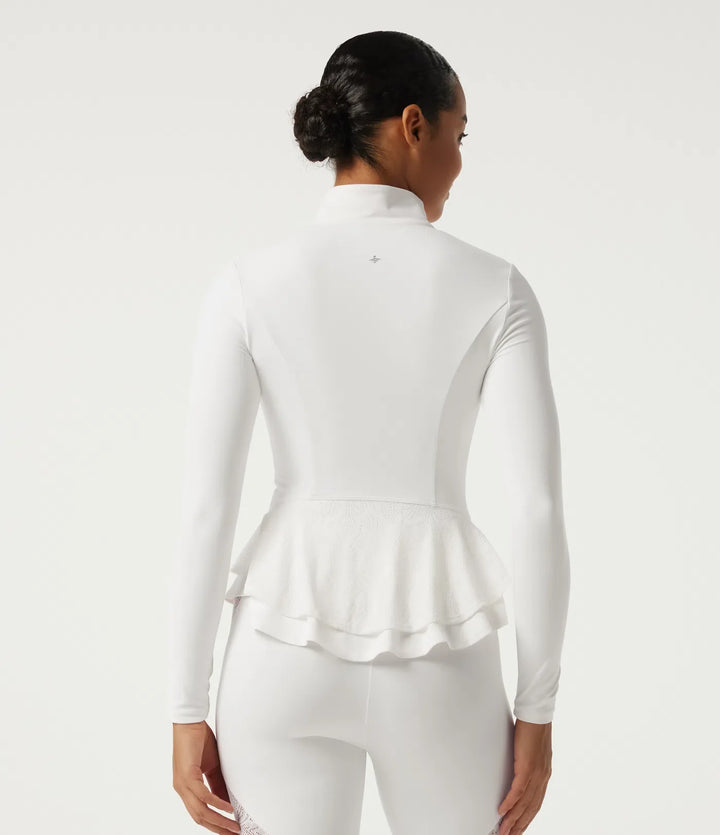 SoftlyZero High Neck Contrast Lace Ruffle Hem Yoga Jacket with Pockets