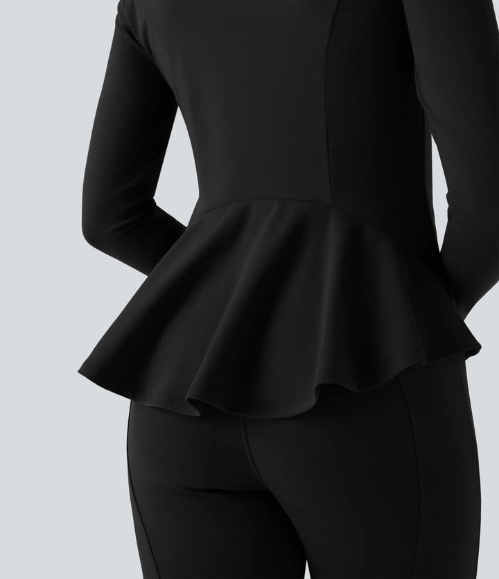 DayStretch Stand Collar Zipper Thumb Hole Ruffle Hem Slim Jacket with Pockets