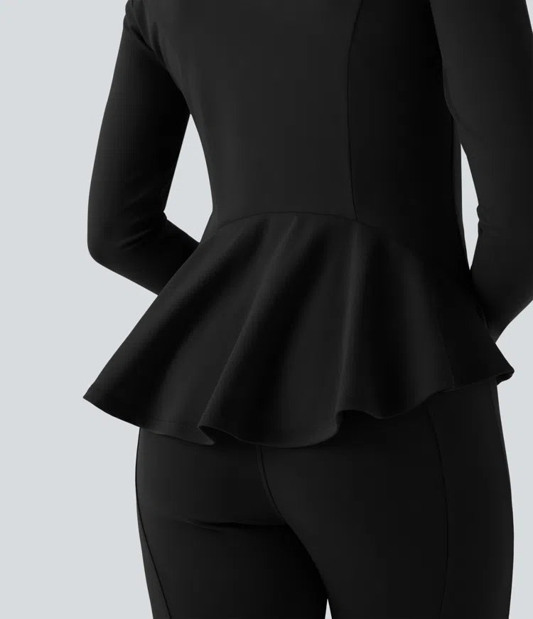 DayStretch Stand Collar Zipper Thumb Hole Ruffle Hem Slim Jacket with Pockets